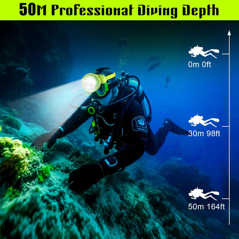 Underwater Dive Headlamp With IPX8 Waterproof, Rechargeable Scuba Light used by diver at 50M depth, highlighting marine life.