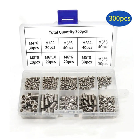 Six Hundred Piece Metric Set Screws Kit With Hex Socket Head Cup Point In Handy Storage Box displayed with 300 screws