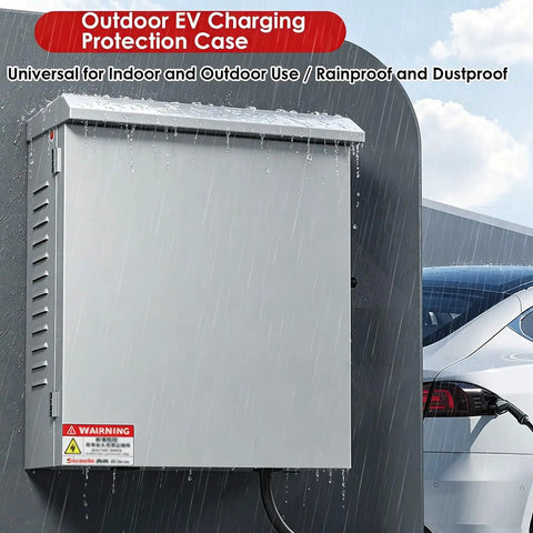 Heavy Duty EV Charger Outdoor Enclosure Wall Mount Lock Box For Level 2 Charging Station rainproof case mounted on wall.