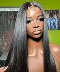 Model showcasing HD 2x6 Swiss Lace Closure with Melt Skin for Glueless Install, long deep parting, pre plucked natural hairline, 18 inch.