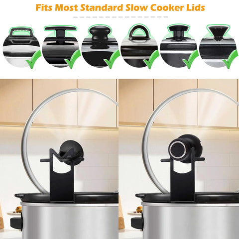 Premium Stainless Steel Slow Cooker Lid Holder And Crock Pot Stand Rack For No Sweat Daily Stewing showing compatibility with various lid types.