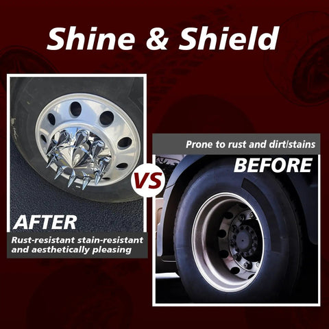 Before and after of Semi Truck Axle Cover Kit With Lug Nut Covers And Wheel Covers For Front And Rear 33mm Thread On 10 Hole Caps Universal Fit For Most 10 Hole Wheels ABS Chrome Plastic With Installation Tool Included