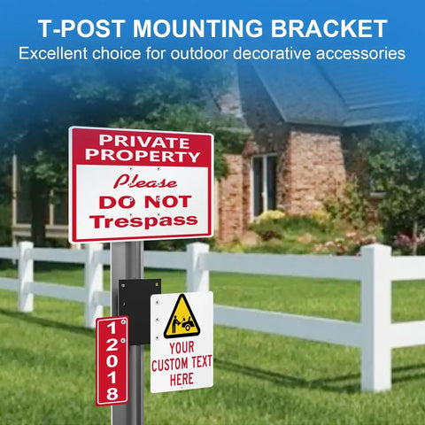 6 Pack T Post Mounting Brackets for Target Hangers and Fence Mounts holding signs in front of house with white fence
