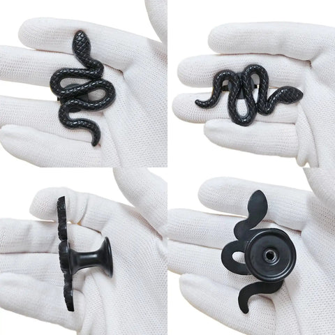 Snake Shaped Cabinet Knobs Set of 4 Dope Black Zinc Alloy Drawer Pulls with side and top view details