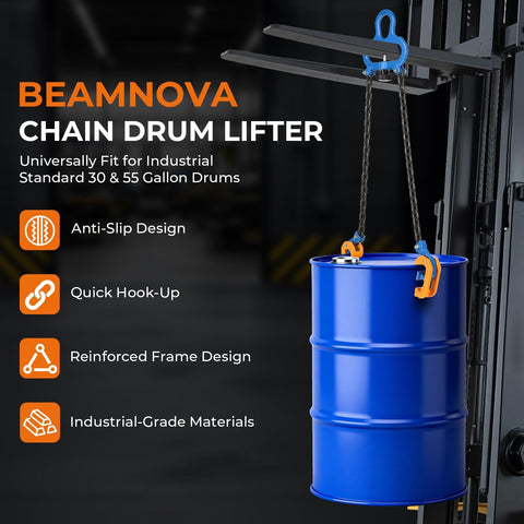 Upgraded Chain Drum Lifter 1 Ton Loading Capacity For 55 Gallon Drums With Forklift Hoist Crane Double Hooks And Chains