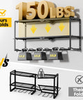 Heavy Duty Power Tool Organizer Wall Mount With 7 Drill Slots And Screwdriver Holder, holds 150 lbs, shown in black steel frame.