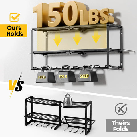Heavy Duty Power Tool Organizer Wall Mount With 7 Drill Slots And Screwdriver Holder, holds 150 lbs, shown in black steel frame.