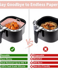 Comparison of 2 Pack 8 Inch Foldable Square Silicone Air Fryer Liners For 4 Qt To 6 Qt in grey and pink, showing reusable vs disposable use.
