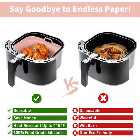 Comparison of 2 Pack 8 Inch Foldable Square Silicone Air Fryer Liners For 4 Qt To 6 Qt in grey and pink, showing reusable vs disposable use.