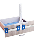 Cabinet Hardware Jig For Handles And Knobs, Aluminum Drill Guide Sleeve, Drawer Pull Template in use on a drawer front