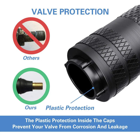 American Flag Aluminum Valve Stem Caps USA Tire Caps Dust Proof Covers For Cars Trucks Motorcycles Bicycles Corrosion Resistant 4 Pack Easy Install Durable Build For All Weather Riding, showcasing valve protection with plastic lining comparison.