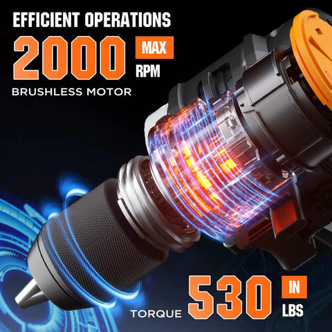 Close-up of Beast Brushless Cordless Drill Driver With 530 Inch Pounds Torque Seventeen Plus One Clutch Settings One Half Inch Keyless Chuck Variable Speed Long Lasting Motor For Home Or Pro Projects Battery And Charger Not Included highlighting motor and torque