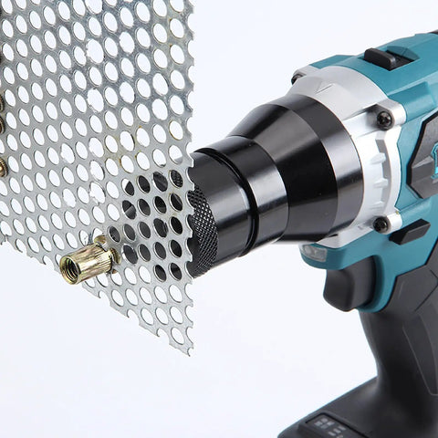 No Fuss Heavy Duty Cordless Rivet Nut Gun With Slick Lock Head and Bright LED working on a perforated sheet metal.