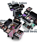 Rolling Makeup Case On Wheels With Drawer For Estheticians Manicurists And Mobile Stylists Durable Aluminum Trolley Glitter Pink
