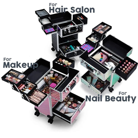 Rolling Makeup Case On Wheels With Drawer For Estheticians Manicurists And Mobile Stylists Durable Aluminum Trolley Glitter Pink