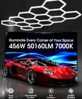 Hexagon LED Garage Lights 456W 50160LM 14 Grid Hexagon Light 7000K Bright White Beam Ideal For Garage Warehouse Workshop Car Detailing Shop Malls And Gym Flicker Free Eye Friendly High Output above a red sports car