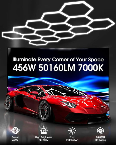 Hexagon LED Garage Lights 456W 50160LM 14 Grid Hexagon Light 7000K Bright White Beam Ideal For Garage Warehouse Workshop Car Detailing Shop Malls And Gym Flicker Free Eye Friendly High Output above a red sports car