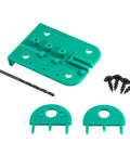 Premium Table Saw Safety Splitter Stops Kickback Cold For One Eighth Inch Kerf Blades showing green splitter parts, screws, and drill bit.