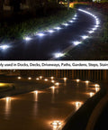 8 Pack Solar Driveway Lights Outdoor With Dual Color Modes Warm White And Cool White Waterproof LED Marker Lights illuminating a pathway at night.