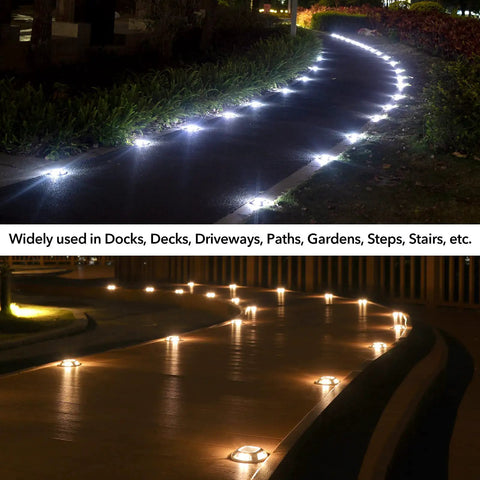 8 Pack Solar Driveway Lights Outdoor With Dual Color Modes Warm White And Cool White Waterproof LED Marker Lights illuminating a pathway at night.