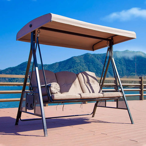 No Fuss Outdoor Swing Canopy Replacement Top Cover For 2 Or 3 Seater Hammock Waterproof Polyester Shade For Garden Patio Porch Khaki Color 158x118 Cm Frame Easy Fit on a swing overlooking the lake.