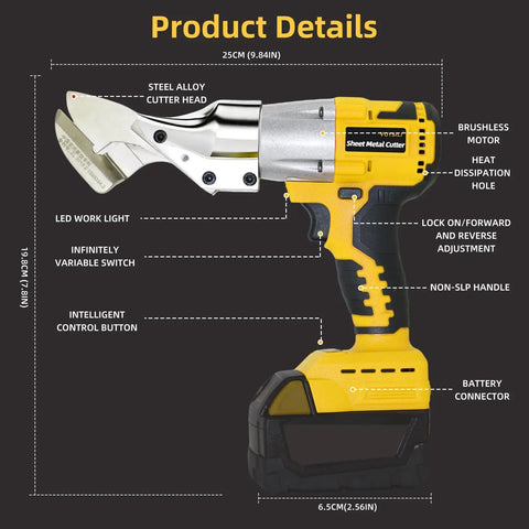 Heavy Duty Cordless Metal Shears Compatible With 21V Max Batteries, showcasing brushless motor and ergonomic design for cutting ease.