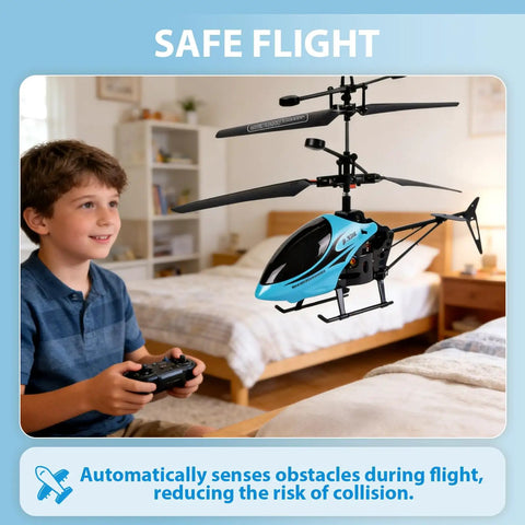 Boy playing with Gesture Sensing Indoor Flying Helicopter With Colorful LED Lights For Home Entertainment And Fun Hands Free Gesture Control Toy for Easy Flight And Endless Family Play.