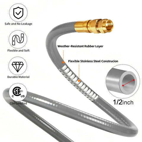Six Foot 0.5 Inch Inner Diameter Natural Gas Hose With Quick Connect Fitting shown with construction details and diameter.