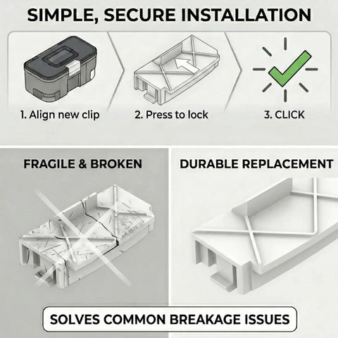 Dead Nuts Secure Dust Bin Clip For Robot Vacuum Replacement Latch Hook installation steps with durable plastic clips.
