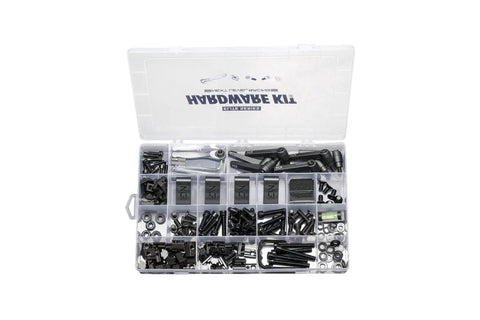 Workhorse Elite DIY Sim Racing Hardware Kit For Extrusion Cockpits with bolts, nuts, Allen keys, and ratchet tool in transparent box