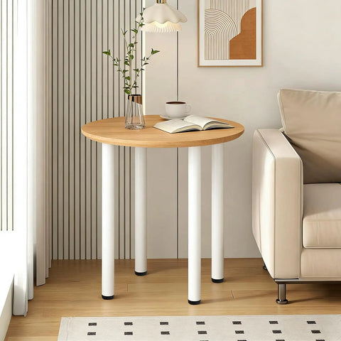 Beefy Adjustable Metal Desk Legs For DIY Office Desks Workbenches And Dining Tables With 1 Inch Leveling Feet 27.5 Inch High Set Of 4 White Finish used in a stylish living room setup with a round wooden table top.