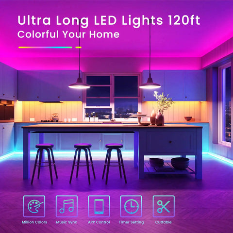 120ft Bluetooth LED Strip Lights With 5050 RGB Color Changing LEDs Music Sync Remote And App Control illuminating modern kitchen