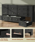 Top Shelf 9 Drawer Farmhouse TV Stand With Badass Storage Space And Rustic Barn Accents Built For Chill Living Rooms Holds Big Screens Up To 70 Inches In Sleek Black with open drawers and dark square handles.