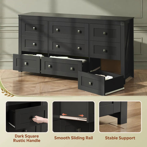 Top Shelf 9 Drawer Farmhouse TV Stand With Badass Storage Space And Rustic Barn Accents Built For Chill Living Rooms Holds Big Screens Up To 70 Inches In Sleek Black with open drawers and dark square handles.