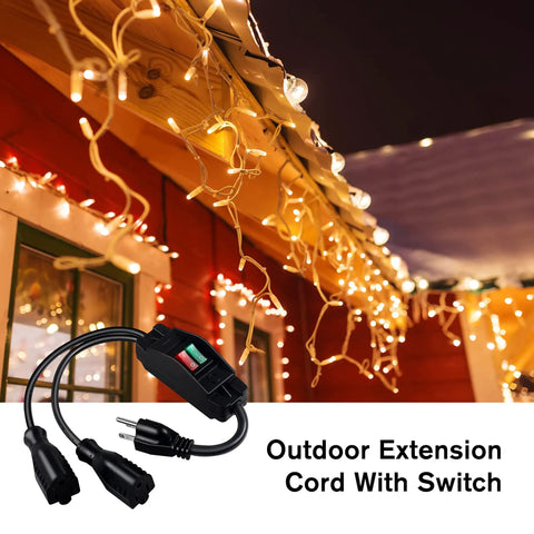 Two Way Outdoor Extension Cord With Independent On Off Switches, used with holiday lights on a house porch.