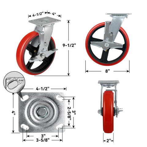 Heavy Hitter 8 Inch Industrial Casters Set Of Four Boss Level 6000 Pound Capacity tough polyurethane tread rollers and dimensions.