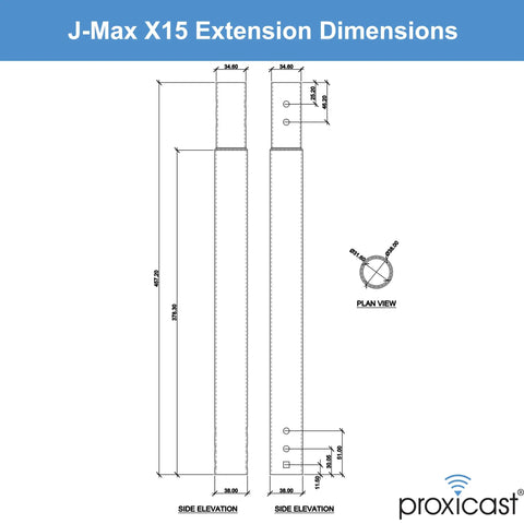 Technical drawing of 15 Inch Stainless Steel Extension Pole for J-Max Antenna Mounts, adds height and clearance, 304 stainless hardware included