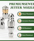Close-up of Three Pack Sewer Jetter Nozzle Kit With Stainless Steel Rotating Button Nose And Fixed Nozzles For One Quarter Inch Quick Connect Wands Up To Five Thousand PSI Perfect For Clearing Clogs In Drains Pipes And Sewer Lines With Your Pressure Washer