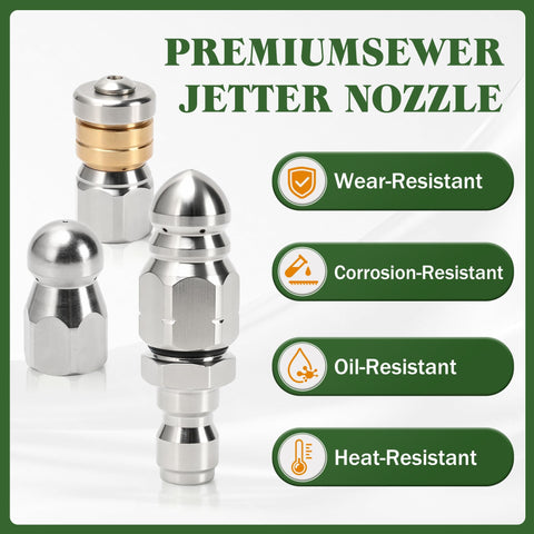Close-up of Three Pack Sewer Jetter Nozzle Kit With Stainless Steel Rotating Button Nose And Fixed Nozzles For One Quarter Inch Quick Connect Wands Up To Five Thousand PSI Perfect For Clearing Clogs In Drains Pipes And Sewer Lines With Your Pressure Washer