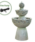 Outdoor Three Tier Zen Style Pedestal Water Fountain With Stone Trim And Pump Two Point Six Four Gallon Capacity