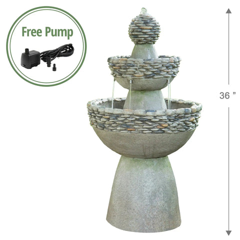 Outdoor Three Tier Zen Style Pedestal Water Fountain With Stone Trim And Pump Two Point Six Four Gallon Capacity