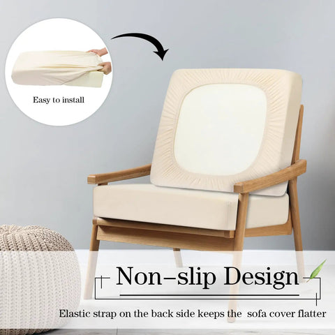Set Of 4 Stretch Cushion Covers For Patio Couch Cushions Elastic Slipcovers Fit Most Sofa Cushions And Seat Chairs Washable Beige Solid Color Pet Friendly Furniture Protector For Easy Cleaning And Everyday Use shown on chair with non-slip design feature. Elastic band secures cover.