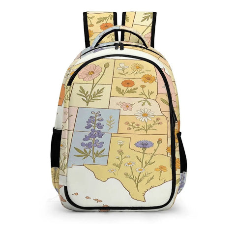 Vintage Botanical State Flower Map Backpack for Everyday Carry, unisex large capacity daypack, front view with floral design.