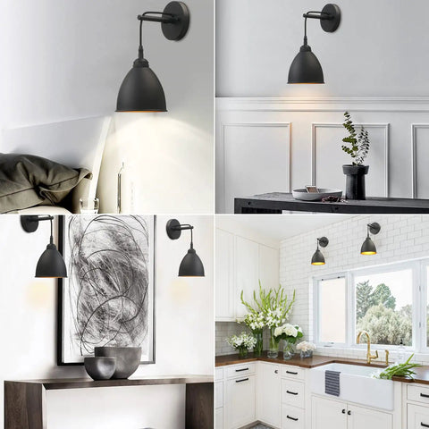 Dope Industrial Wall Sconce in Matte Black Finish Barn Style Farmhouse Wall Light in various room settings, metal lampshade