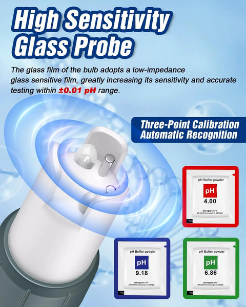 All In One Digital PH Meter With TDS And Temperature Readings showing high sensitivity glass probe and calibration packets.
