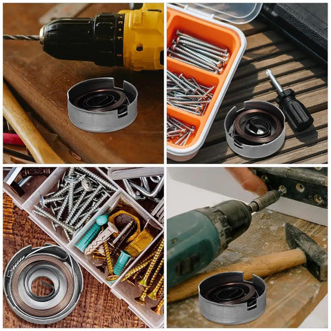 Top Shelf Drill Press Quill Return Spring Assembly With Reinforced Steel Cap For Smooth Bench Feed Recovery And No Nonsense Stationary Tool Repair Upgrades Measuring Two Point Zero Four Inches on workshop table with tools.