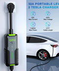 Level 2 Portable EV Charger With 32A Adjustable Amps, 240V NACS Plug And Play Design For Tesla, mounted on wall with charging Tesla.