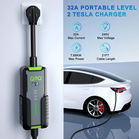 Level 2 Portable EV Charger With 32A Adjustable Amps, 240V NACS Plug And Play Design For Tesla, mounted on wall with charging Tesla.