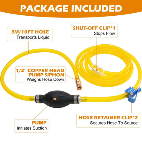 Portable Hand Fuel Transfer Pump With 10 Ft Siphon Hose, High Flow Gasoline Diesel Transfer, includes pump, hose, and clips