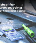 Tool set for wet cutting of tiles with Pica marker and blades on a wet surface